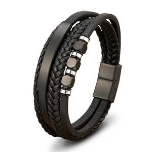 Mehrlagiges schwarzes geflochtenes Lederarmband für Herren mit Magnetverschluss aus Stahl