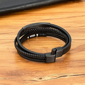 Mehrlagiges schwarzes geflochtenes Lederarmband für Herren mit Magnetverschluss aus Stahl