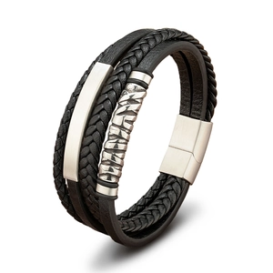 Mehrlagiges Herrenarmband aus schwarzem Ledergeflecht mit silbernem Edelstahl-Magnetverschluss