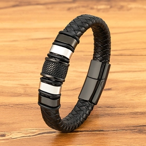 Men's black braided leather bracelet with stainless steel honeycomb textured metal rings