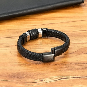 Men's business braided black leather bracelet with silver textured stainless steel beads