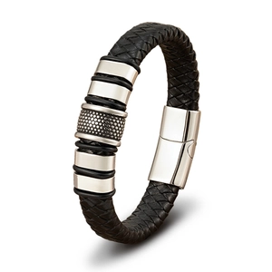 Men's braided leather bracelet with stainless steel accents and magnetic clasp