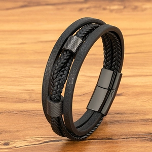 Herren Mehrlagiges Geflochtenes Leder Edelstahl Armband Industrieller Stil Magnetverschluss Handschmuck Geschenk Für Männer
