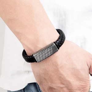 Men's black braided leather bracelet with silver stainless steel diamond pattern cylinder