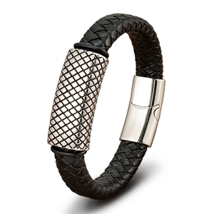 Men's black braided leather bracelet with silver stainless steel geometric metal buckle