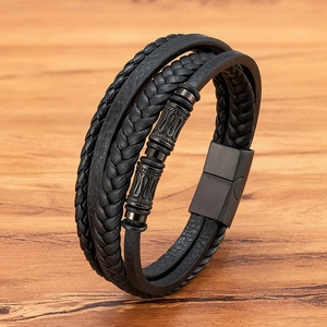 Pulsera Trenzada de Cuero para Hombre Acero Inoxidable Multicapa Hebilla Magnética Brazalete Vintage Casual para Hombres Joyería de Mano