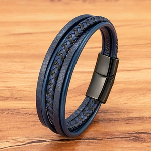 Men's Vintage Multi-Layer Braided Leather Bracelet Stainless Steel Magnetic Clasp Punk Urban Casual Fashion Wristband Jewelry Accessory