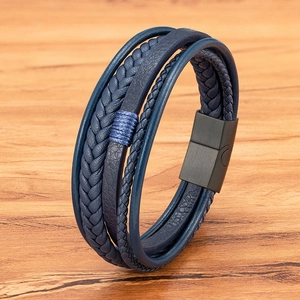 Men Vintage Multilayer Braided Genuine Leather Bracelet Stainless Steel Magnetic Clasp Punk Woven Cuff Bracelet Jewelry