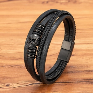 Punk Men Multi-layer Braided Genuine Leather Bracelet Stainless Steel Skull Ornament Magnetic Buckle Wristband Fashion Jewelry