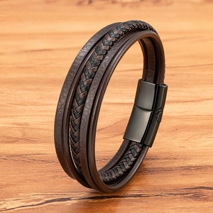 Handmade multilayer brown leather bracelet for men with black magnetic steel clasp
