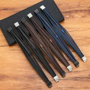 Handmade multilayer braided leather bracelets for men with metallic magnetic clasps