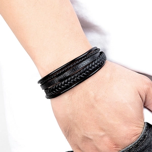 Handmade multilayer black braided leather bracelet for men with casual punk style