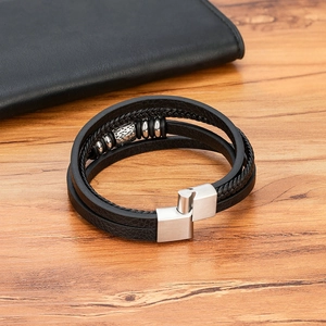 Men's multilayer black braided leather bracelet with silver metal beads and magnetic clasp