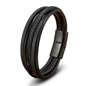 Men's multilayer black braided leather bracelet with high-polish magnetic steel clasp