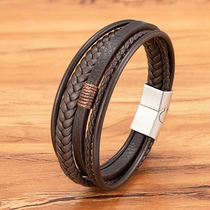 Handmade brown leather braided multilayer bracelet for men with silver magnetic clasp