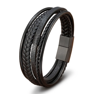 Multilayer braided black leather bracelet for men with matte magnetic clasp