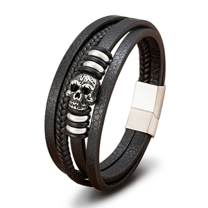 Multilayer black leather braid bracelet with silver skull charm and magnetic steel clasp