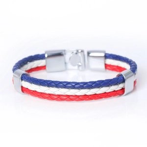 Bracelet tressé en cuir aux couleurs du drapeau rouge blanc bleu avec fermoir en acier