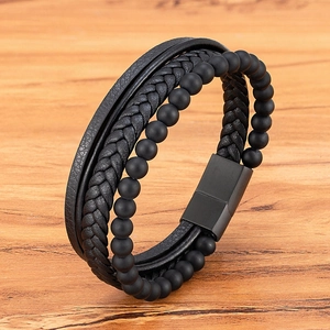 Men Multi-layer Genuine Leather Braided Bracelet Natural Tiger Eye Agate Stone Stainless Steel Magnetic Clasp Vintage Hand Jewelry