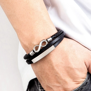 Mehrlagiges schwarzes geflochtenes Lederarmband für Herren mit Infinity-Symbol