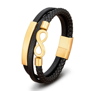 Mehrlagiges schwarzes geflochtenes Lederarmband für Herren mit goldenem Infinity-Symbol und Magnet