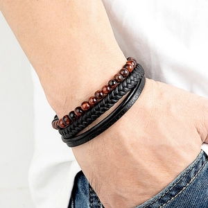 Men's triple-layer braided leather bracelet with tiger eye beads and stainless steel clasp