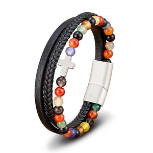 Bracciale multistrato in pelle da uomo con pietre occhio di tigre e ciondolo croce argento