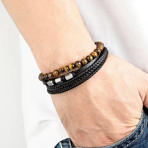 Herren Armband-Set aus Leder mit Tigerauge-Natursteinen und silbernen Metallperlen