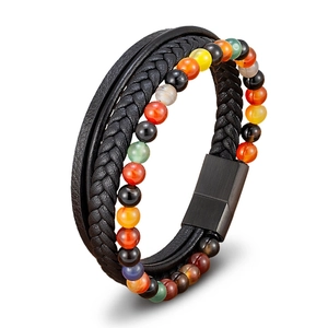 Men's multilayer braided leather bracelet with colorful tiger eye stones and black beads