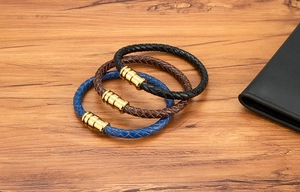 Braided leather bracelets in black, brown and blue with polished gold magnetic clasps
