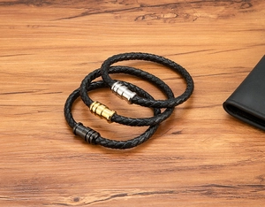 Braided leather bracelets with magnetic clasps in silver, gold, and gunmetal finishes