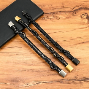 Men's leather chain bracelet set with silver gold and matte black metal buckles