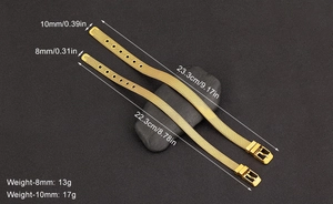 Detail of adjustable gold mesh Milanese bracelets in 8mm and 10mm widths with pin buckles