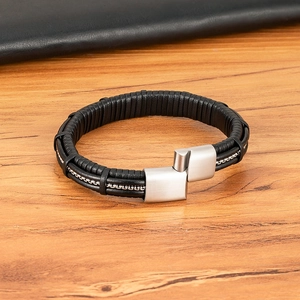 Men's minimalist black leather bracelet with steel chain inlay and magnetic buckle