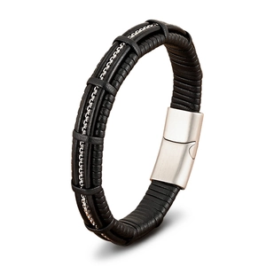 Men's multilayer black leather bracelet with silver chain inlay and brushed magnetic clasp