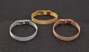 Detailed view of silver, gold, and rose gold mesh strap bracelets with adjustable buckles