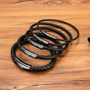Men's Braided Black Leather Rope Bracelet With Stainless Steel Magnetic Buckle Fashion Commute Wristband Jewelry Gift