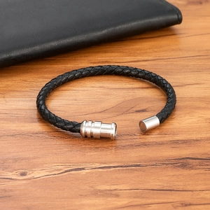 Braided black leather bracelet with brushed silver stainless steel magnetic clasp closure