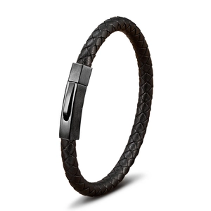 Men's black braided leather bracelet with a matte black hexagonal magnetic clasp