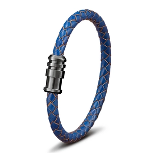 Braided dark blue leather bracelet for men with textured grey magnetic clasp