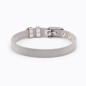 Adjustable silver stainless steel mesh bracelet with watch-style buckle and woven texture