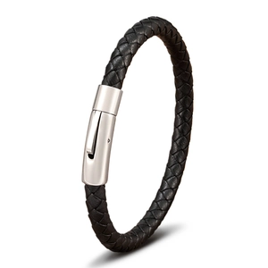 Men's braided black leather bracelet with a polished stainless steel anchor clasp