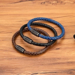 Three-color woven genuine leather men's bracelets with stainless steel magnetic clasps