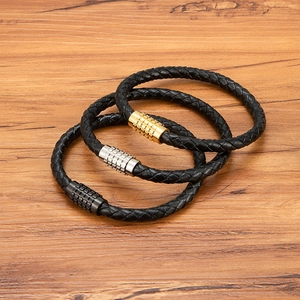 Three-piece set of black braided leather bracelets for men with textured magnetic clasps