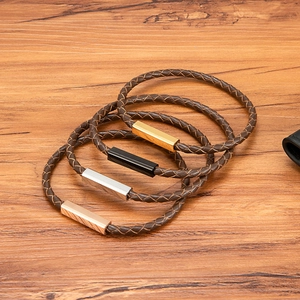 Men's Minimalist Woven Genuine Leather Bracelet With Stainless Steel Magnetic Buckle Fashion Braided Jewelry Gift For Men