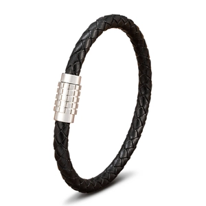 Three-strand braided leather bracelet with stainless steel magnetic clasp in silver
