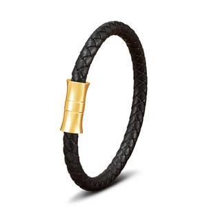 Braided black leather bracelet with a polished gold stainless steel clasp for men and women