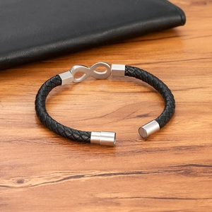 Men's 6mm black braided leather bracelet with silver infinity symbol and magnetic clasp