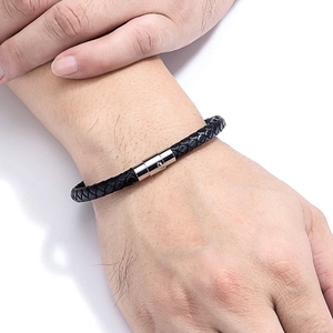 Mens black braided leather bracelet with polished stainless steel magnetic clasp