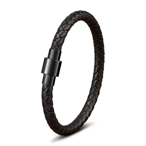 Braided black leather men's bracelet with a sleek black magnetic stainless steel clasp